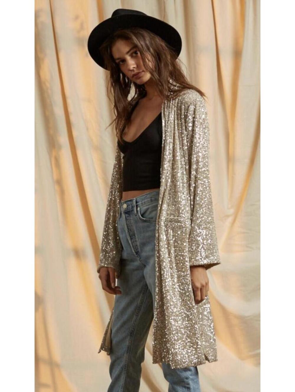 By Together Sequin Open Face Pocket Front Duster Cardigan, Medium